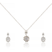 Elegant Silver-Plated Floral Crystal Pendant Necklace with Matching Drop Earrings