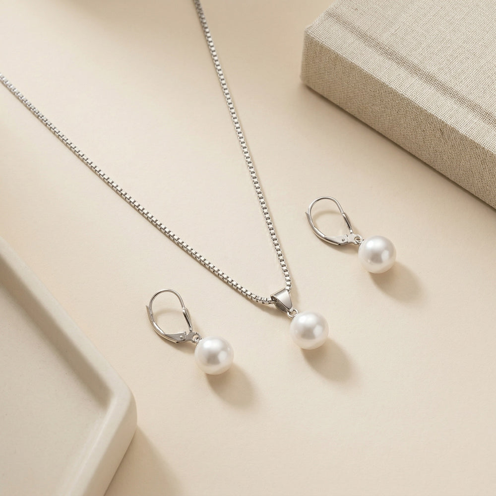 Classic Silver-Plated Single Pearl Drop Pendant Necklace and Matching Lever-Back Earrings Set