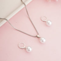 Classic Silver-Plated Single Pearl Drop Pendant Necklace and Matching Lever-Back Earrings Set