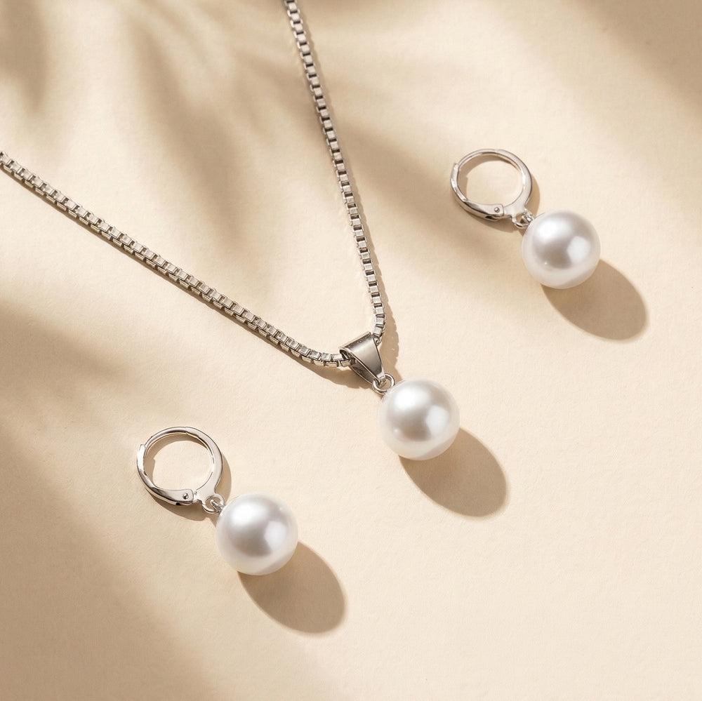 Classic Silver-Plated Single Pearl Drop Pendant Necklace and Matching Lever-Back Earrings Set