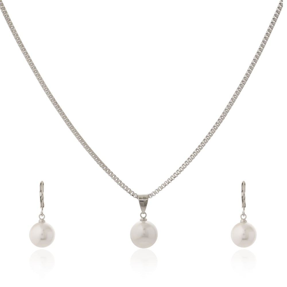 Classic Silver-Plated Single Pearl Drop Pendant Necklace and Matching Lever-Back Earrings Set