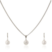 Classic Silver-Plated Single Pearl Drop Pendant Necklace and Matching Lever-Back Earrings Set