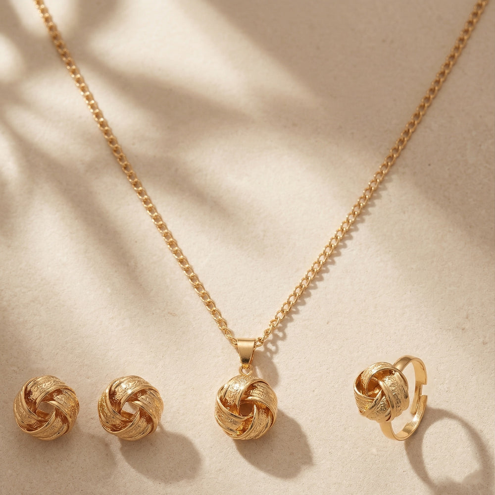 4-Piece, Gold-Plated Textured Jewelry Set with Pendant Necklace, Stud Earrings, and Adjustable Ring
