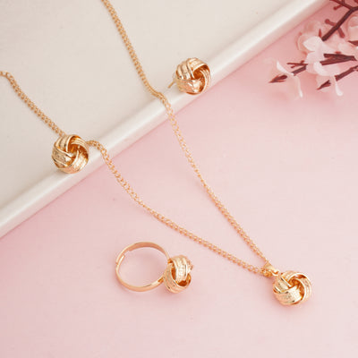4-Piece, Gold-Plated Textured Jewelry Set with Pendant Necklace, Stud Earrings, and Adjustable Ring - Second Image
