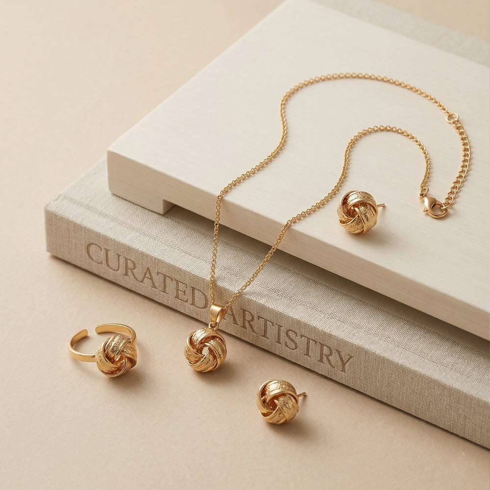 4-Piece, Gold-Plated Textured Jewelry Set with Pendant Necklace, Stud Earrings, and Adjustable Ring