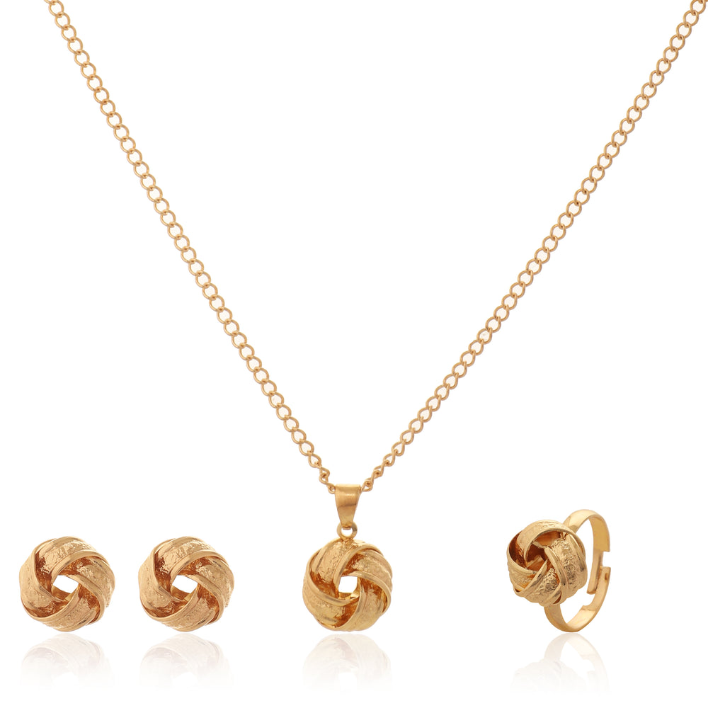 4-Piece, Gold-Plated Textured Jewelry Set with Pendant Necklace, Stud Earrings, and Adjustable Ring