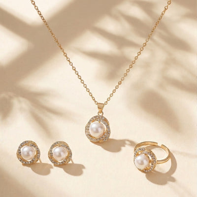 Luxury Gold-Plated Pearl & Crystal Halo 4-Piece Jewelry Set