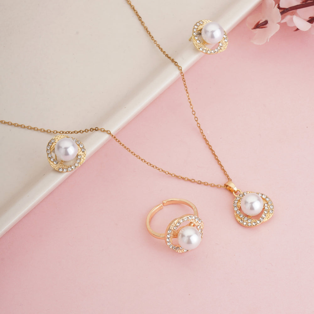 Luxury Gold-Plated Pearl & Crystal Halo 4-Piece Jewelry Set
