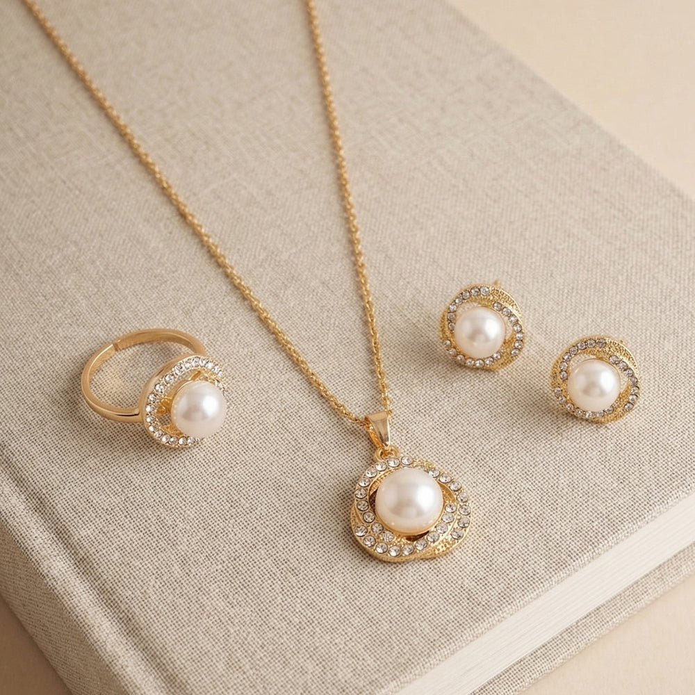 Luxury Gold-Plated Pearl & Crystal Halo 4-Piece Jewelry Set