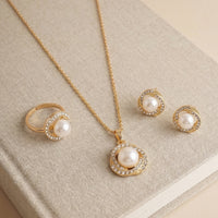 Luxury Gold-Plated Pearl & Crystal Halo 4-Piece Jewelry Set