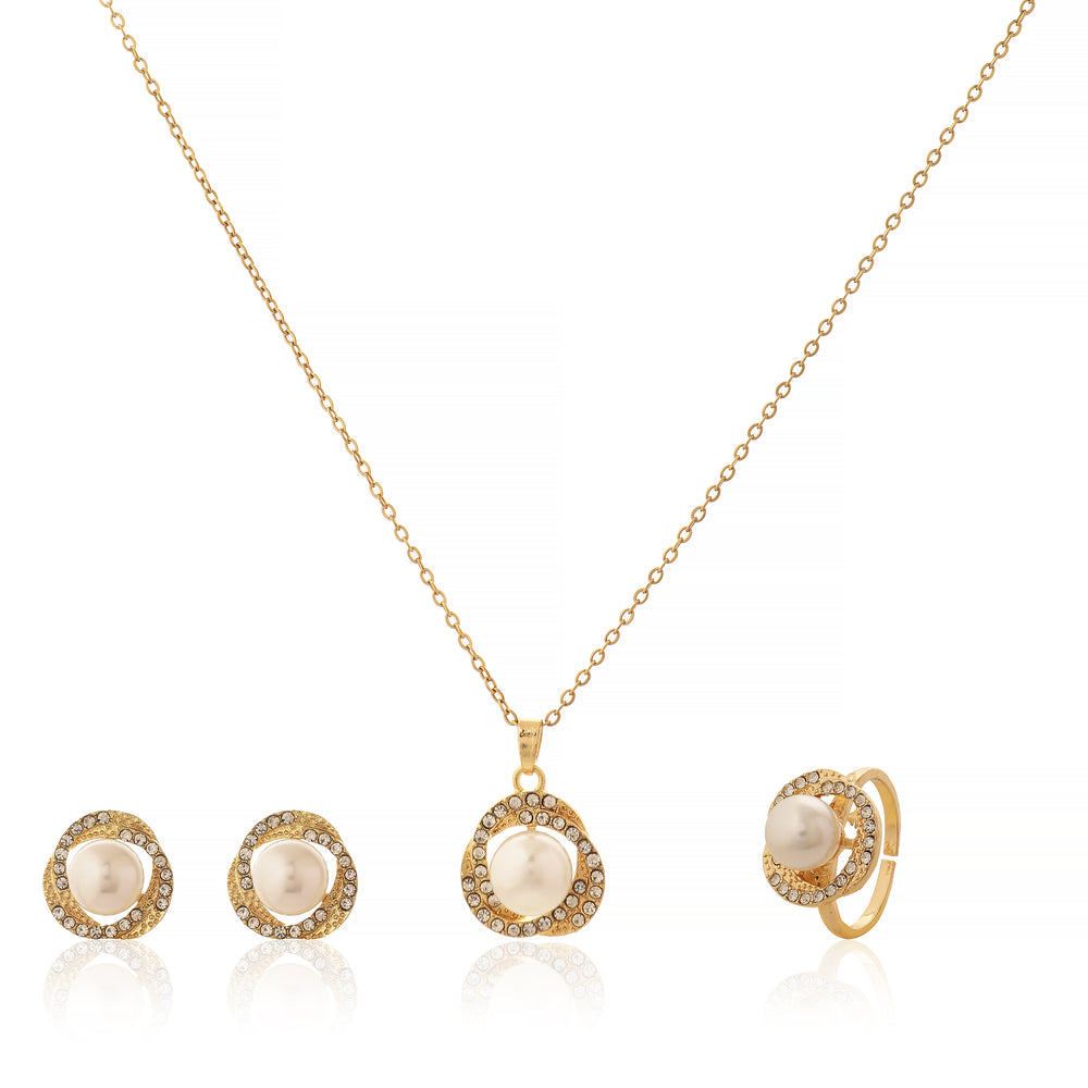 Luxury Gold-Plated Pearl & Crystal Halo 4-Piece Jewelry Set