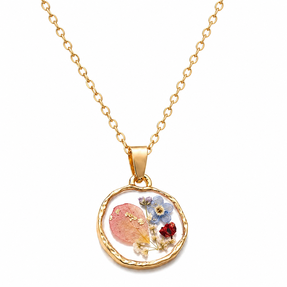 Organic Hammered Resin Pendant Necklace with Real Pressed Rose and Daisy