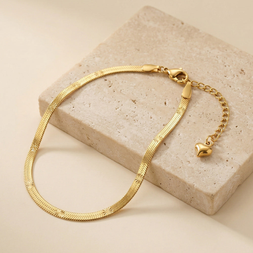 Gold Plated Stainless Steel Textured Snake Chain Bracelet with Heart Charm