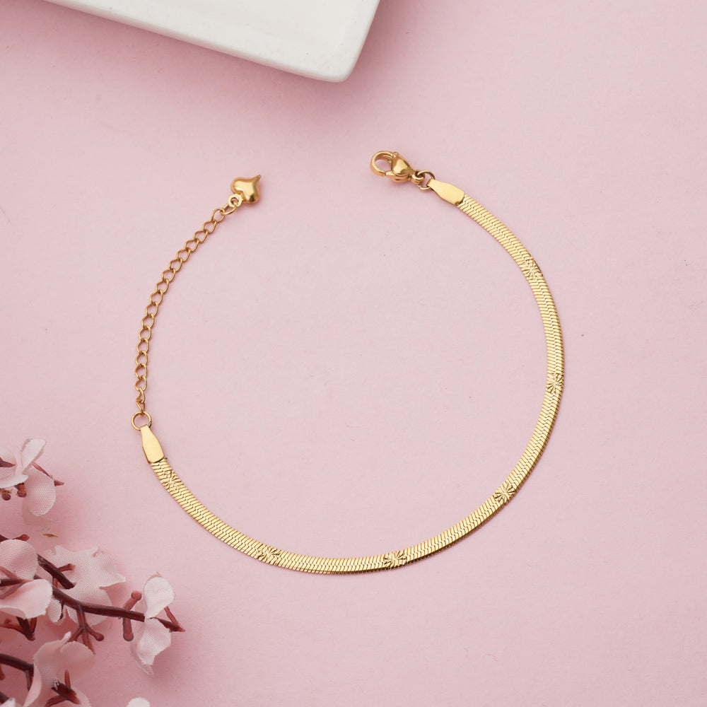 Gold Plated Stainless Steel Textured Snake Chain Bracelet with Heart Charm