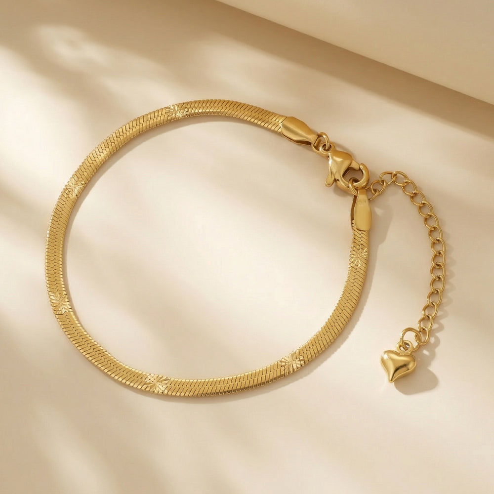 Gold Plated Stainless Steel Textured Snake Chain Bracelet with Heart Charm