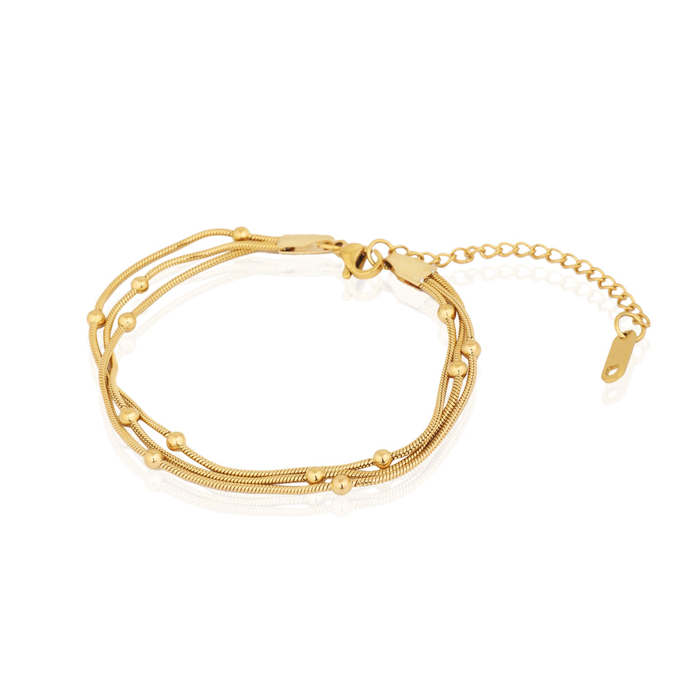 Triple Layered Daily Wear Gold Plated Snake Chain Bracelet with Beads