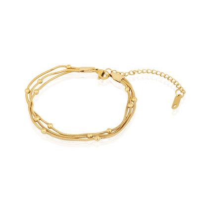 Triple Layered Daily Wear Gold Plated Snake Chain Bracelet with Beads - Second Image