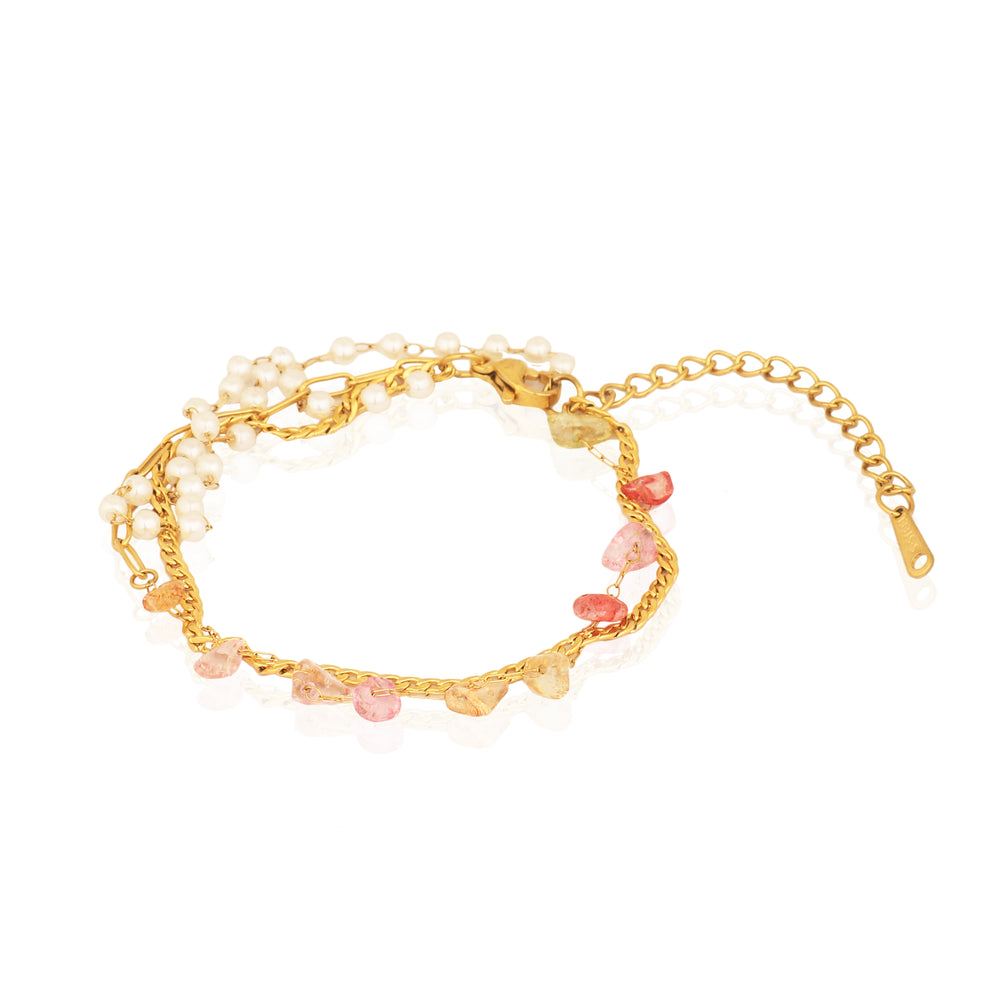 Boho Gold Plated Multi-Strand Bracelet with Pearls & Raw Stones fo roffice wear