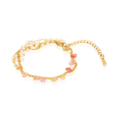 Boho Gold Plated Multi-Strand Bracelet with Pearls & Raw Stones fo roffice wear - Second Image