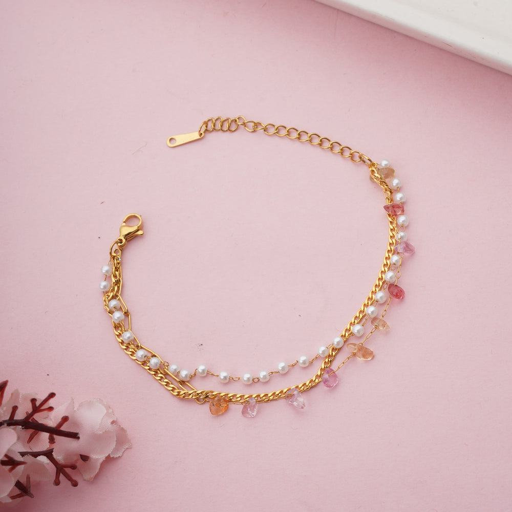 Boho Gold Plated Multi-Strand Bracelet with Pearls & Raw Stones fo roffice wear