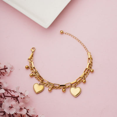 Stylish Heavy Statement Gold Bracelet with Heart and Ball Hangings for office party - Second Image