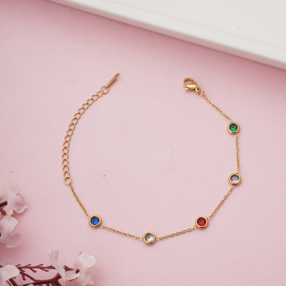 Gold Plated Bezel Set Multi-Color Crystal Station Chain Bracelet for Girlfriends