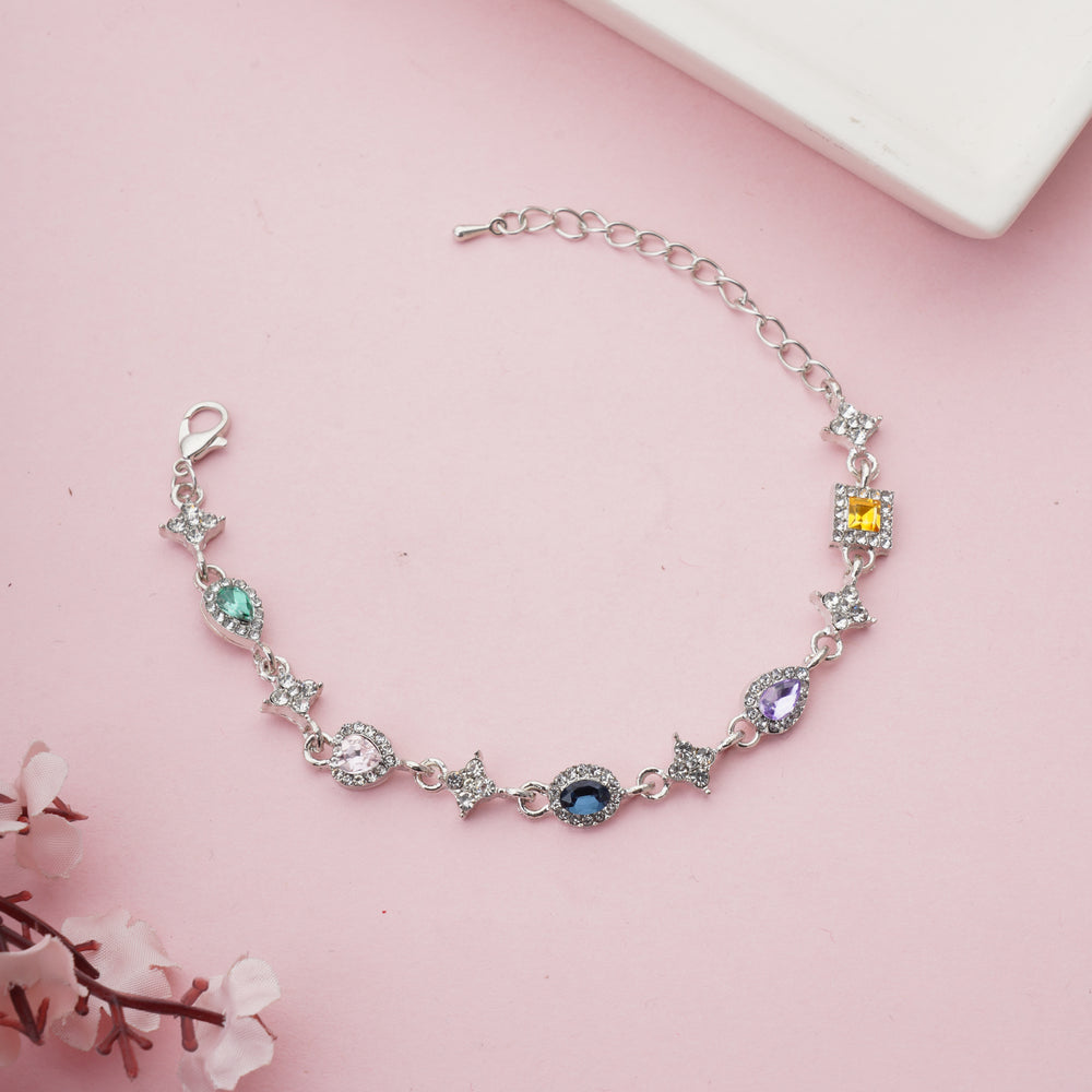 Elegent Silver Plated Halo Link Bracelet with Multi-Color Pastel Stones for Party wear