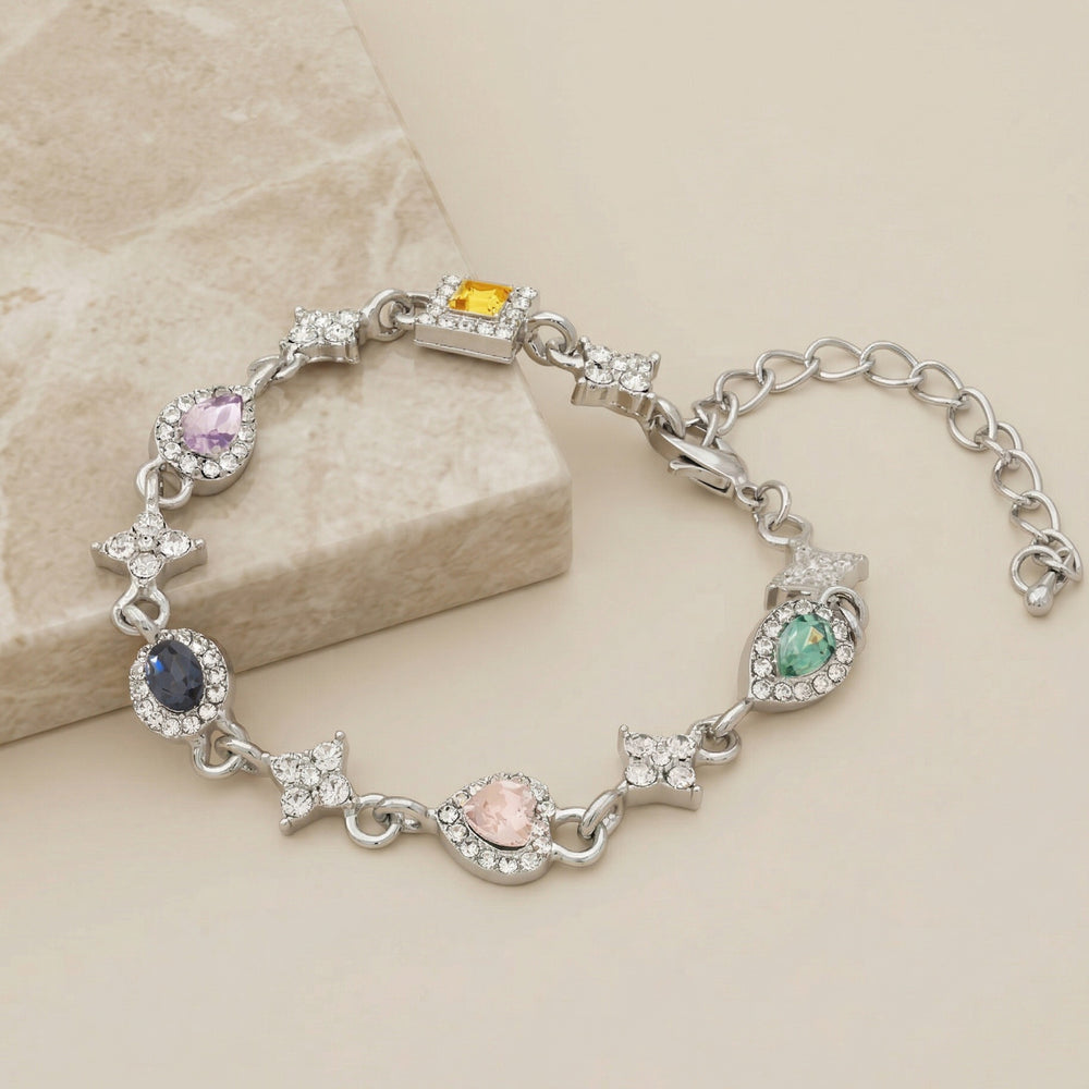 Elegent Silver Plated Halo Link Bracelet with Multi-Color Pastel Stones for Party wear