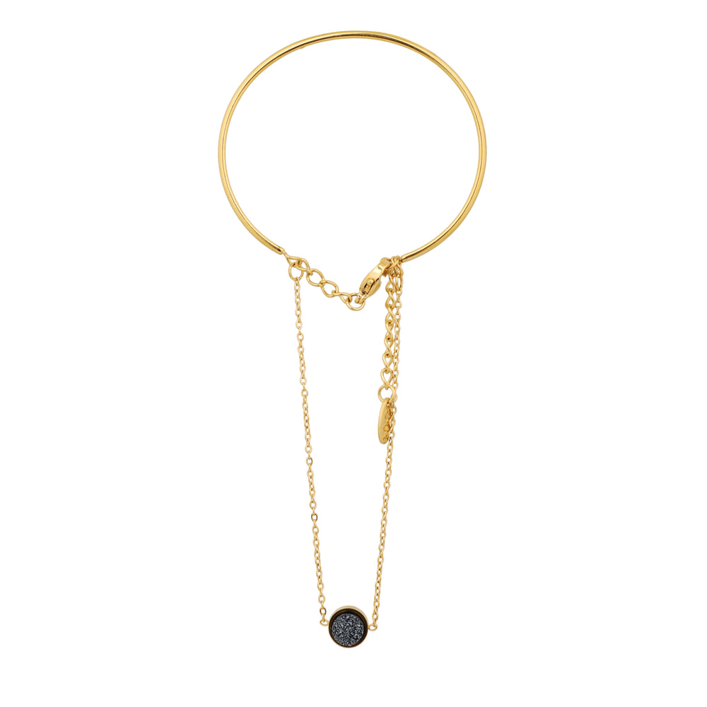 Gold Plated Black Druzy Hand Harness, Circular Stone Bracelet with Finger Chain
