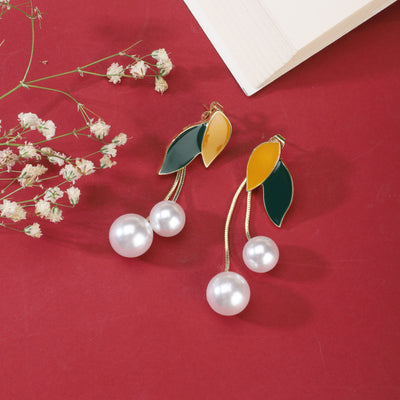 Korean Green Flower Pearl Drop Earrings|Anti Tarnish|Gift for Women & Girls|