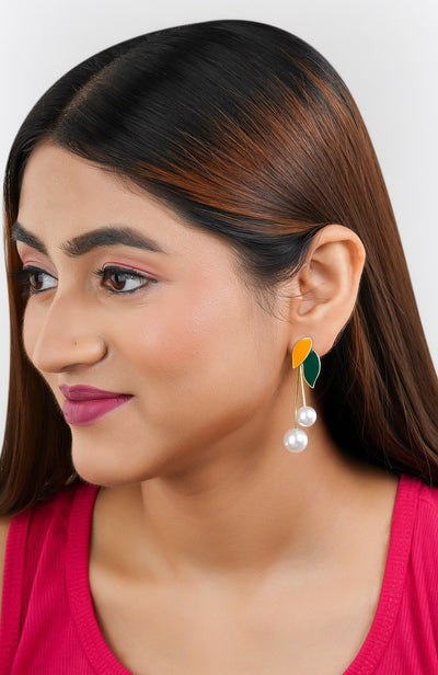 Korean Green Flower Pearl Drop Earrings|Anti Tarnish|Gift for Women & Girls| - Second Image