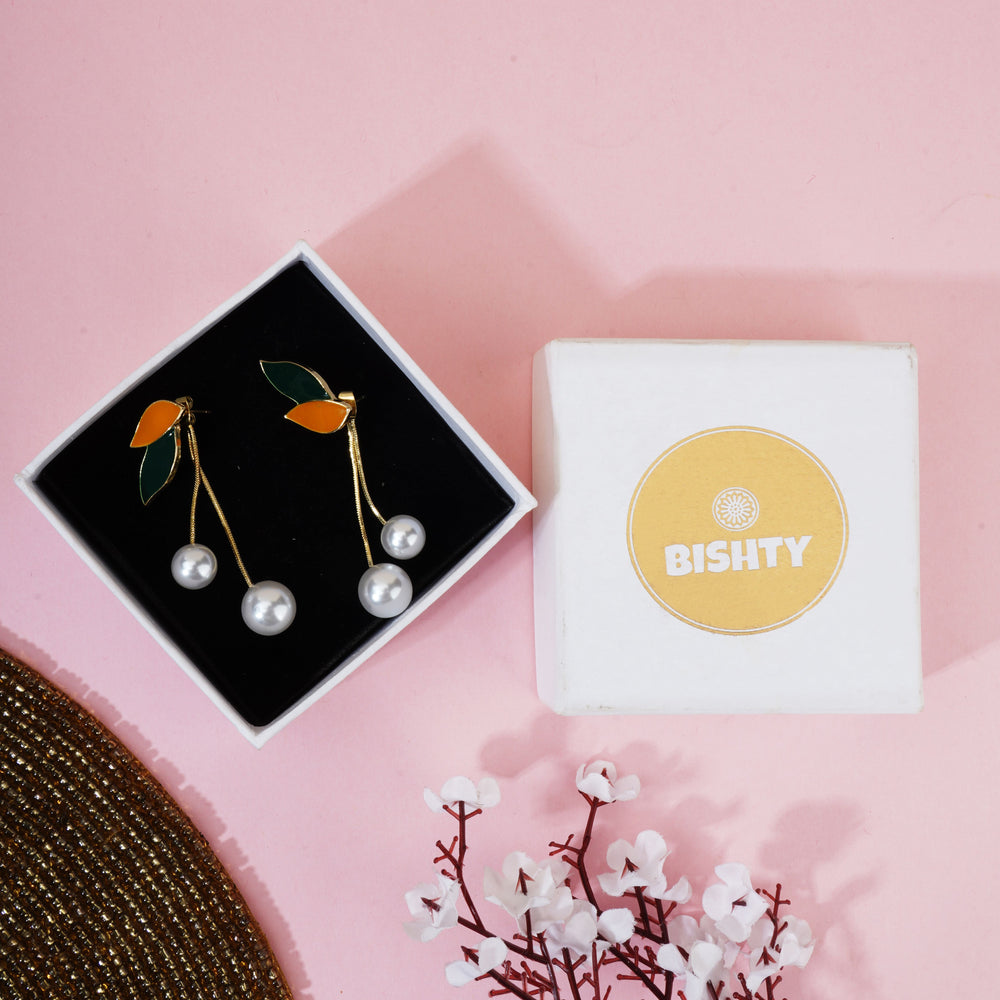 Korean Green Flower Pearl Drop Earrings|Anti Tarnish|Gift for Women & Girls|