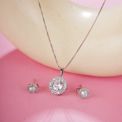 Silver Round Cut pendant chain and earring set